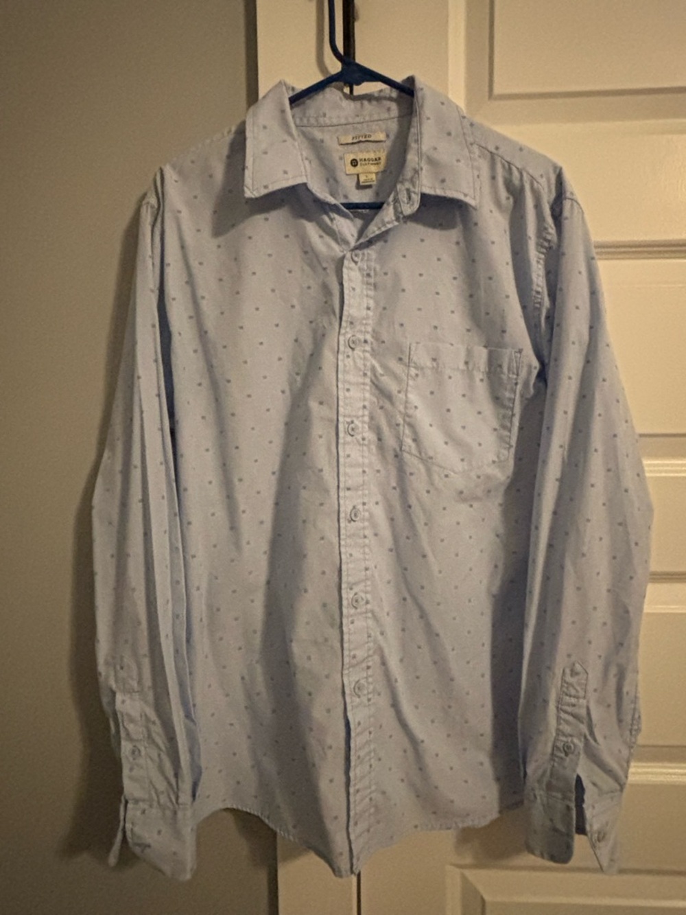 Haggar Light Blue Long-Sleeve Button-Down Shirt with Micro Dot Print
